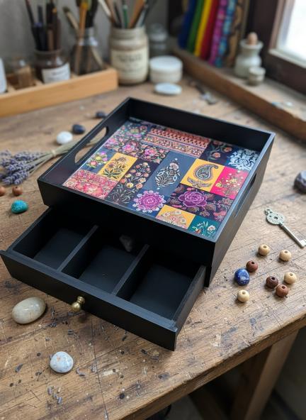 Wooden Serving Tray with Drawer