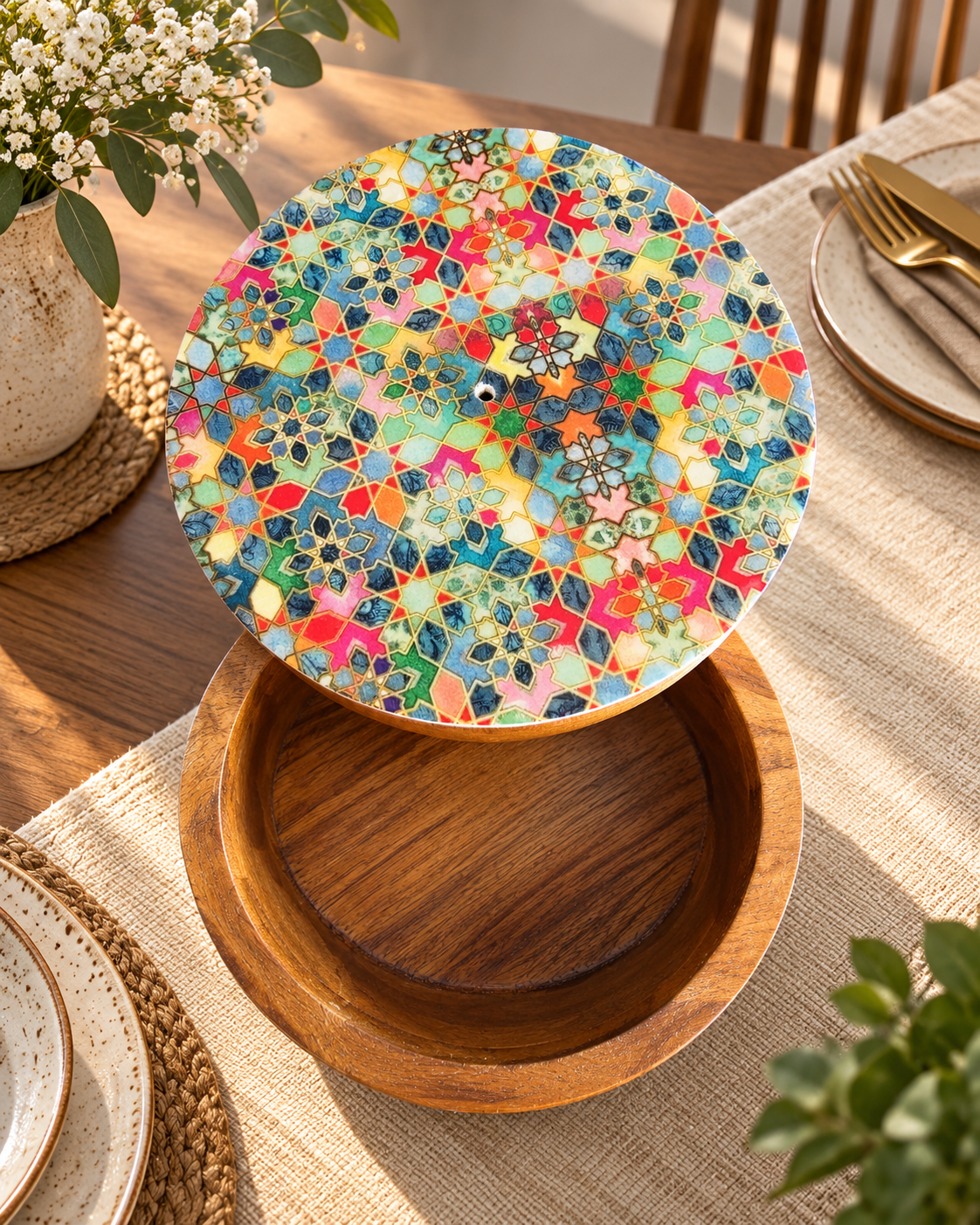 Wooden Chapati Box - Multicolor Geometric