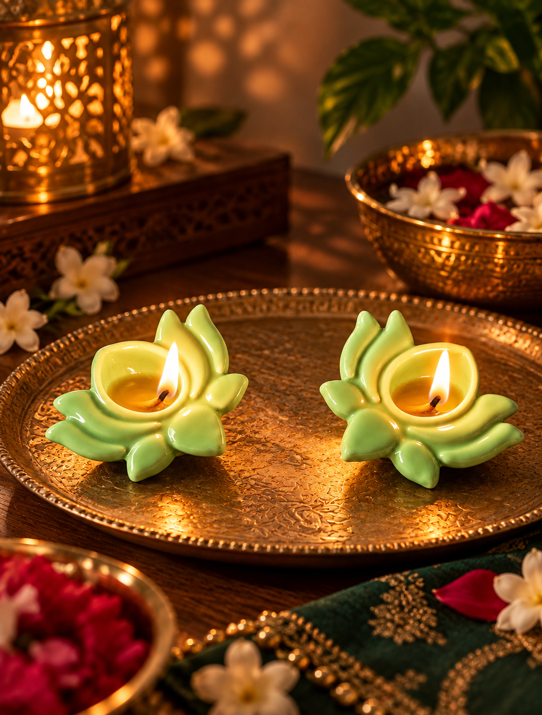 Ceramic Hand-Painted Diya - Green Lotus