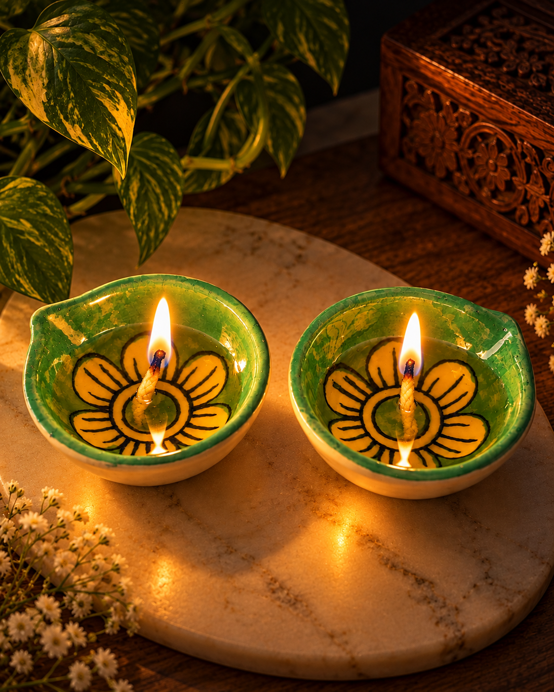 Ceramic Hand-Painted Diya - Mint Green Floral