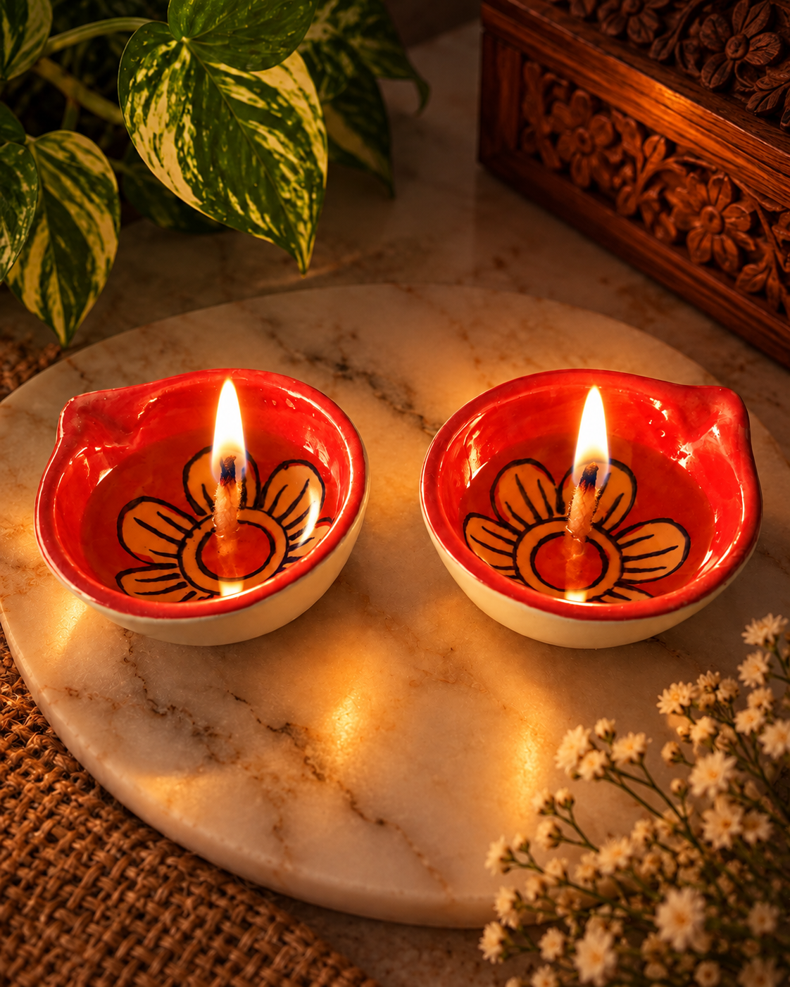 Ceramic Hand-Painted Diya - Coral Floral