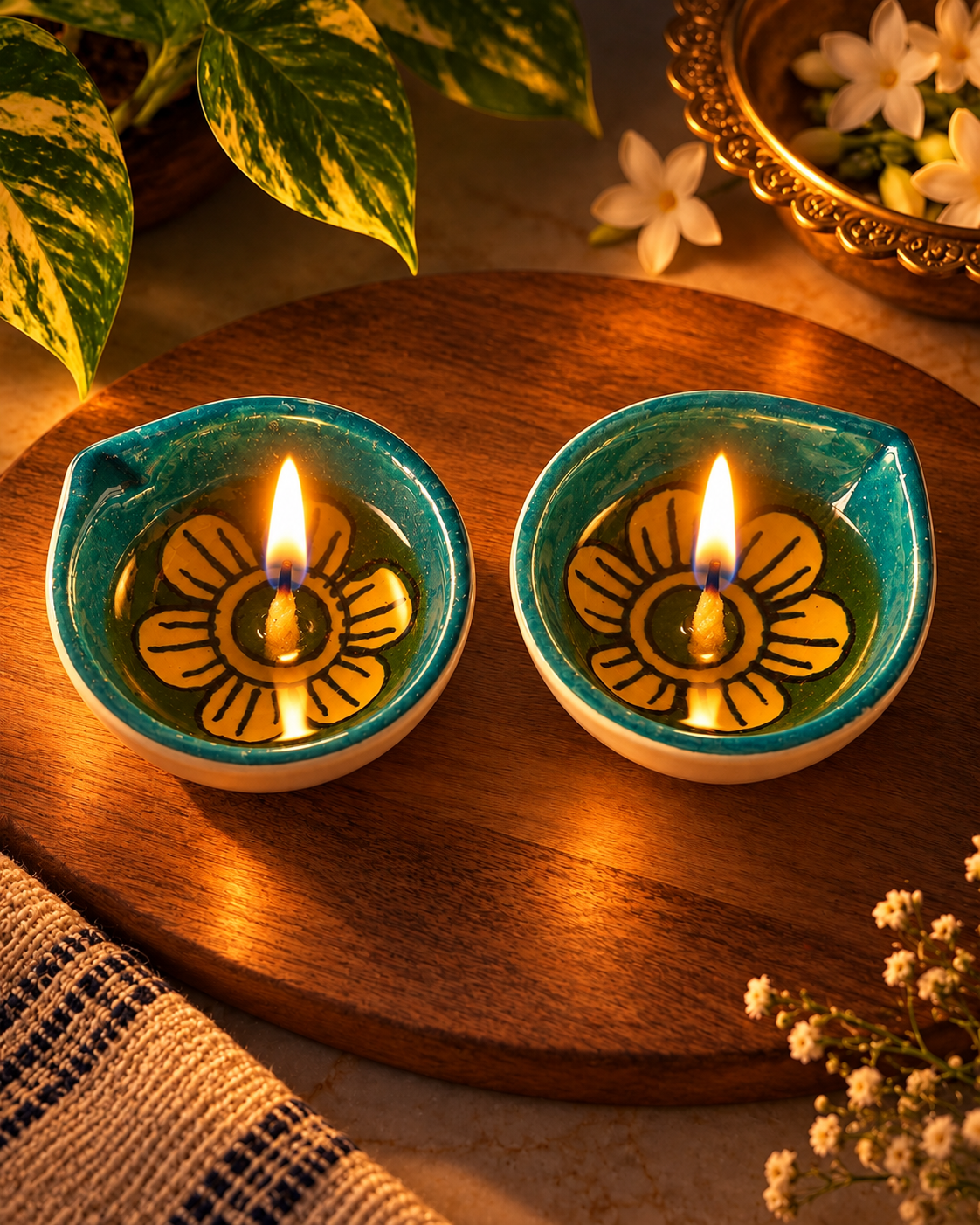 Ceramic Hand-Painted Diya - Teal Floral