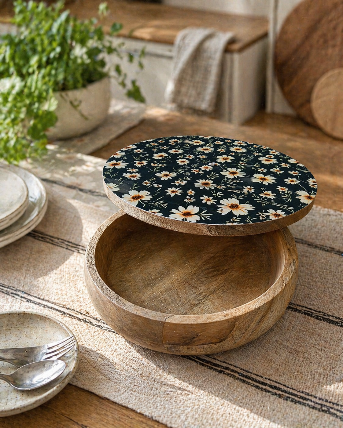 Wooden Chapati Box Green/White Flowers