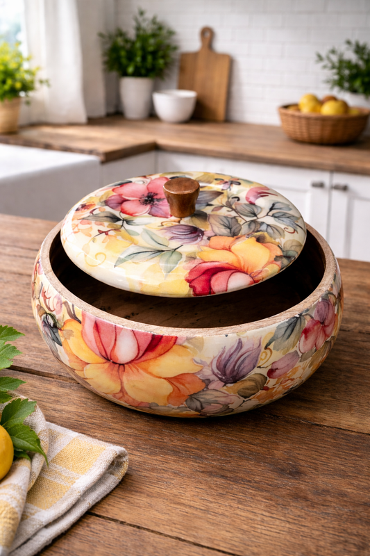 Wooden Chapati Box Yellow Floral