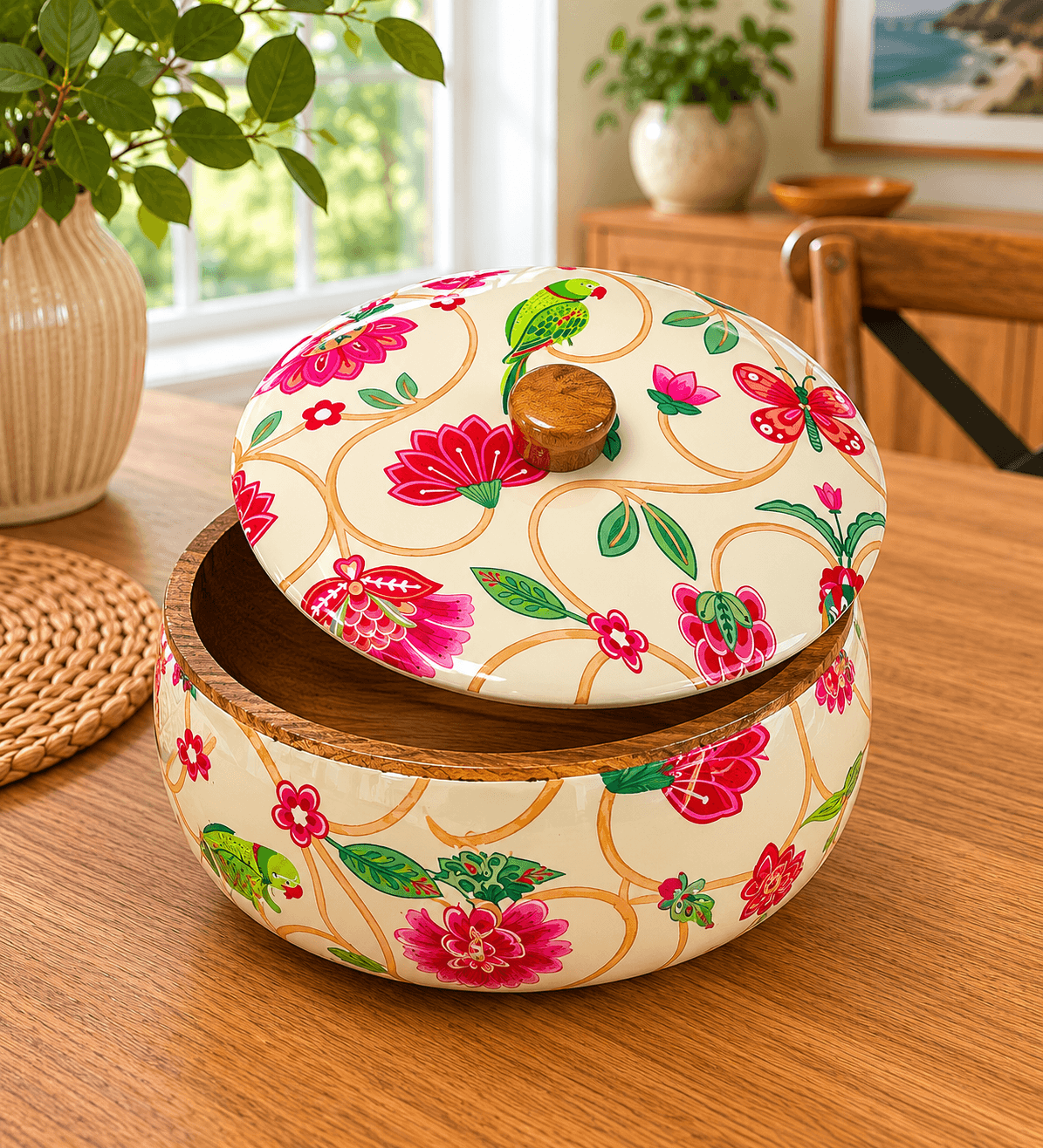 Wooden Chapati Box White and Pink Flower