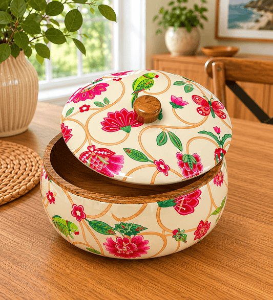 Wooden Chapati Box White and Pink Flower