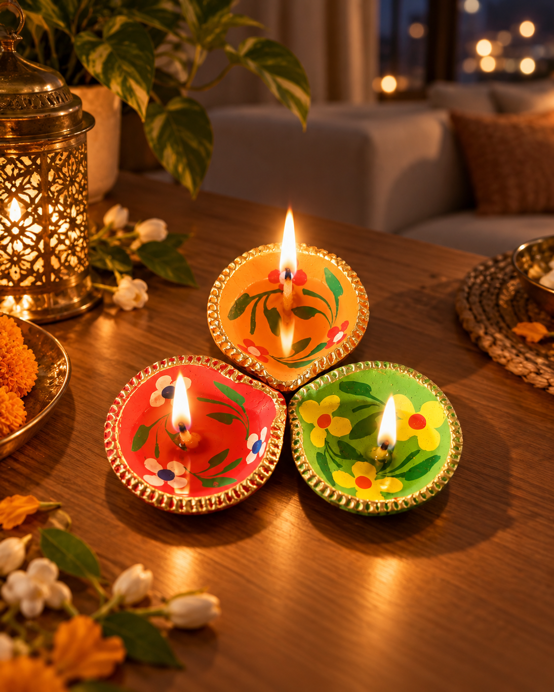 Hand-Painted Clay Diya set of Three