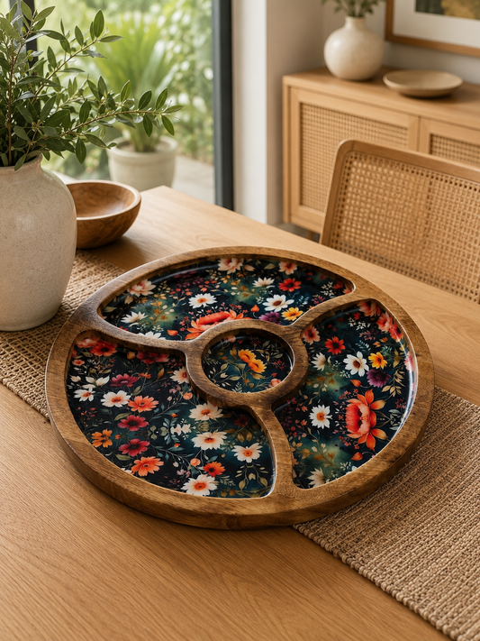 Round Platter Tray with Wooden Bowl