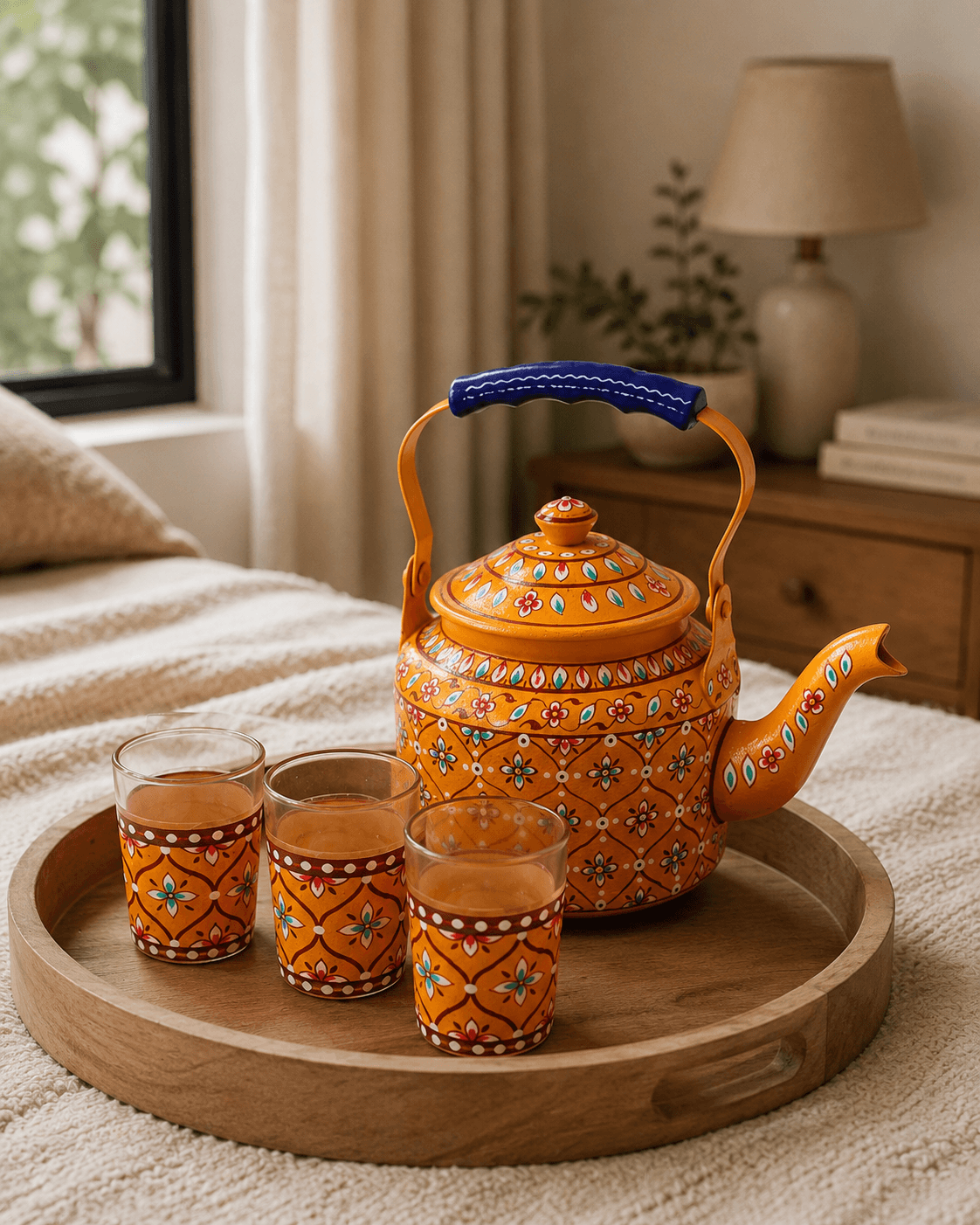 Stainless Steel Kettle & 6 Glass Set Orange