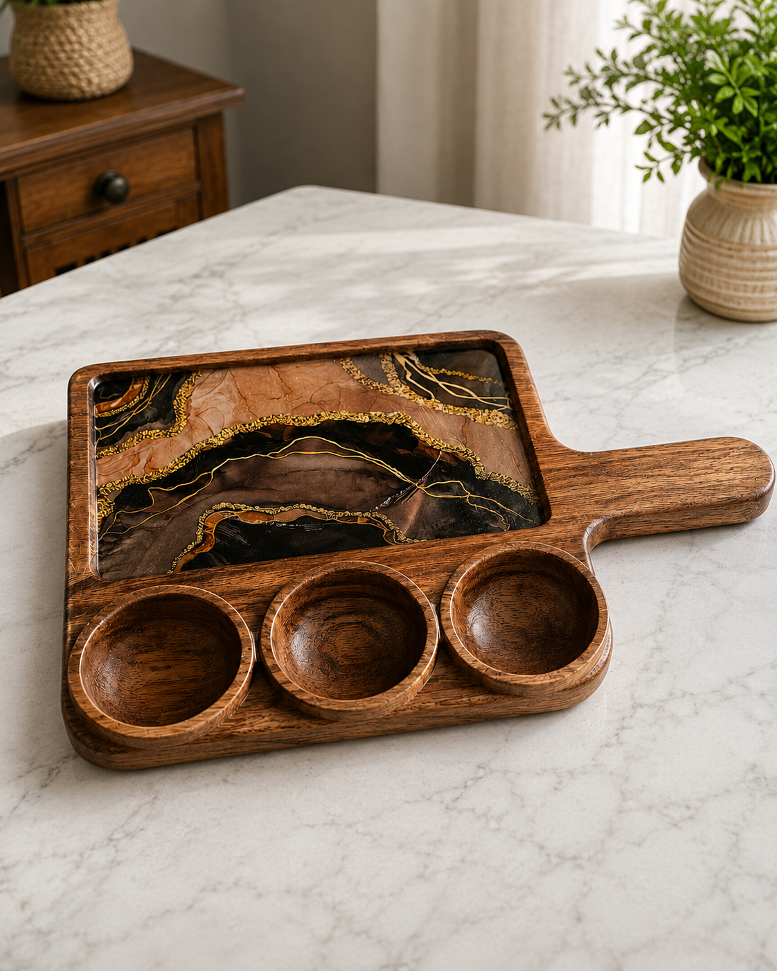 3 Bowl Wooden Dosa Platter