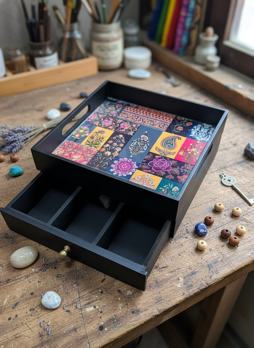 Wooden Drawer Tray with 3 Section - Patchwork Floral
