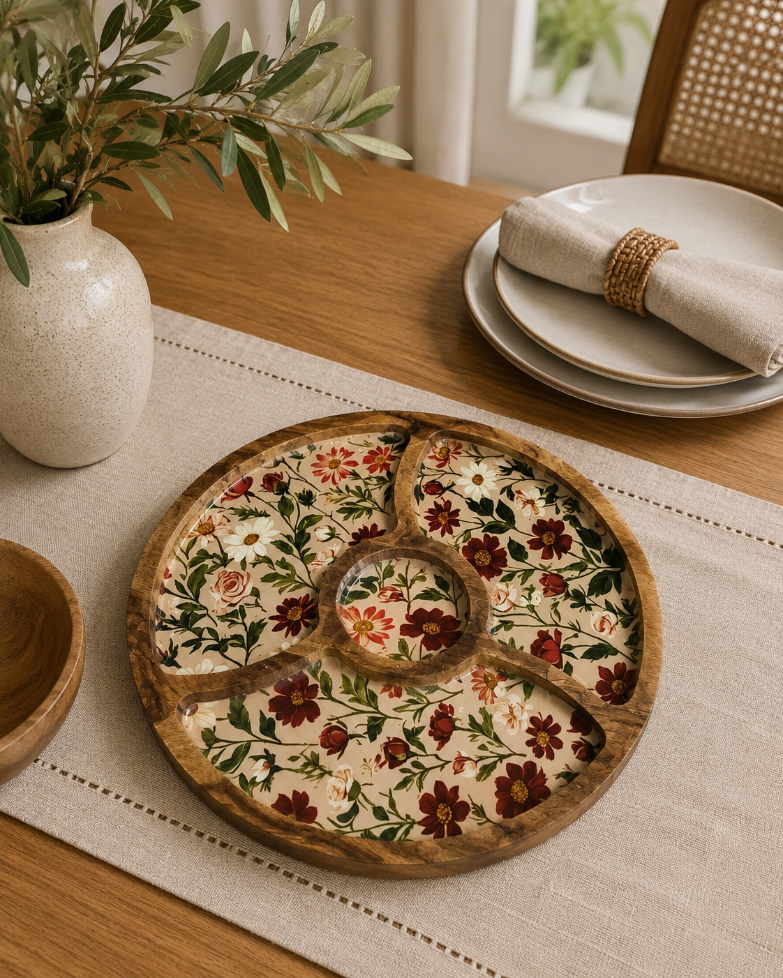 Round Platter Tray with Wooden Bowl