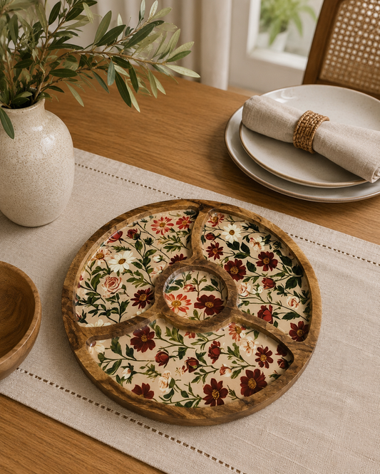 Round Platter Tray with Wooden Bowl