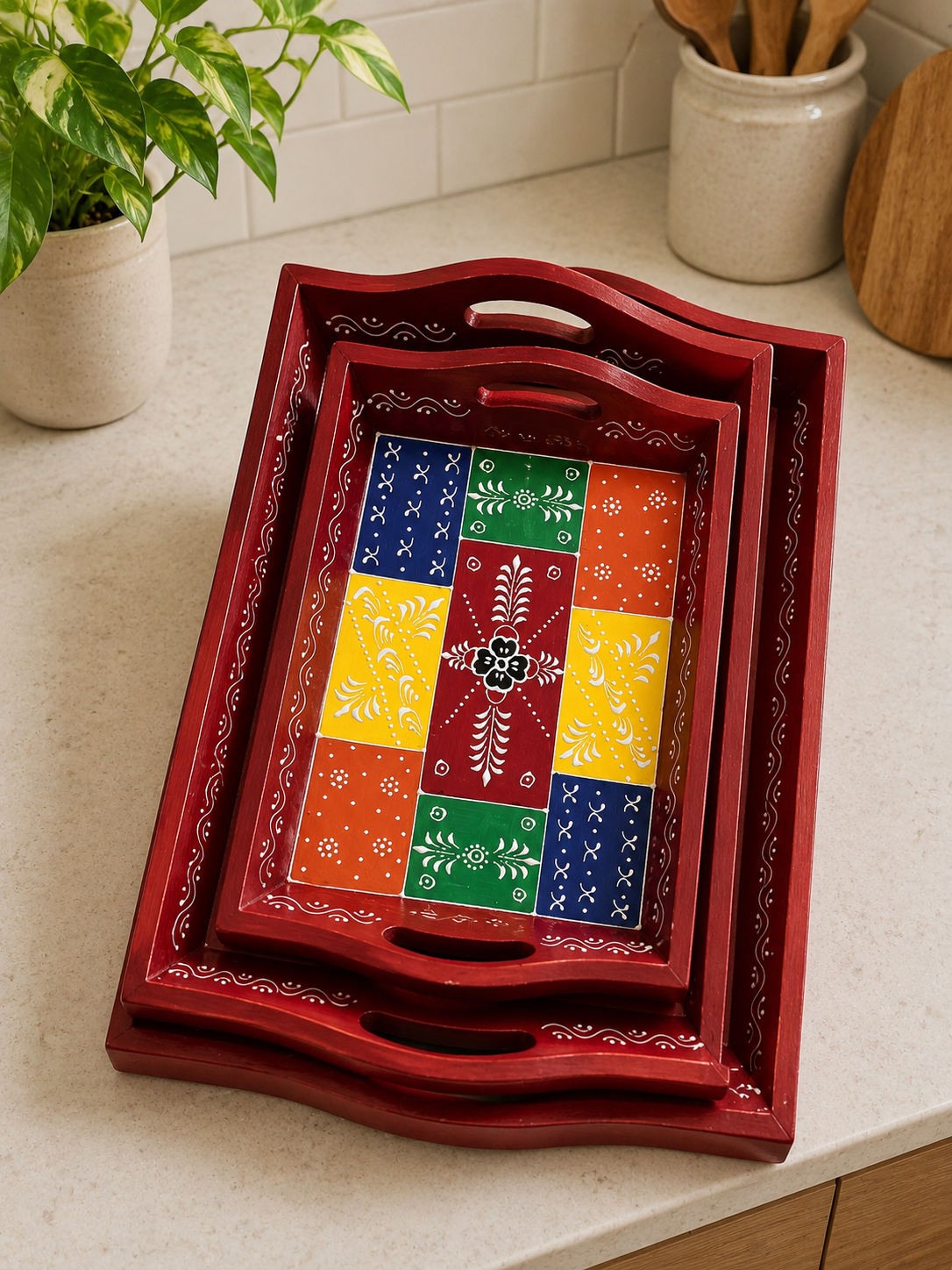 Hand-Painted Serving Trays (Set of 3)