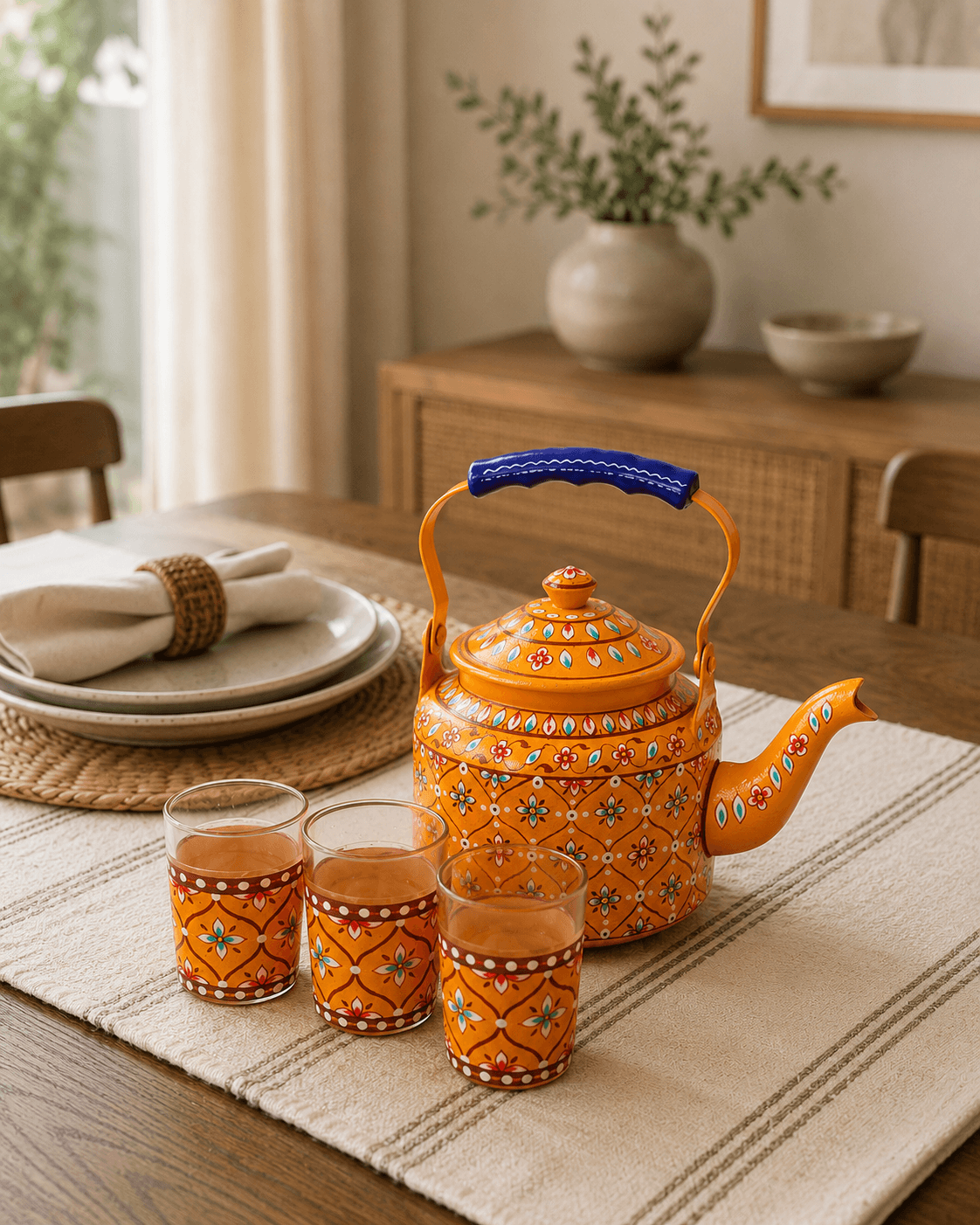 Stainless Steel Kettle & 6 Glass Set Orange