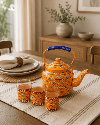 Stainless Steel Kettle & 6 Glass Set Orange