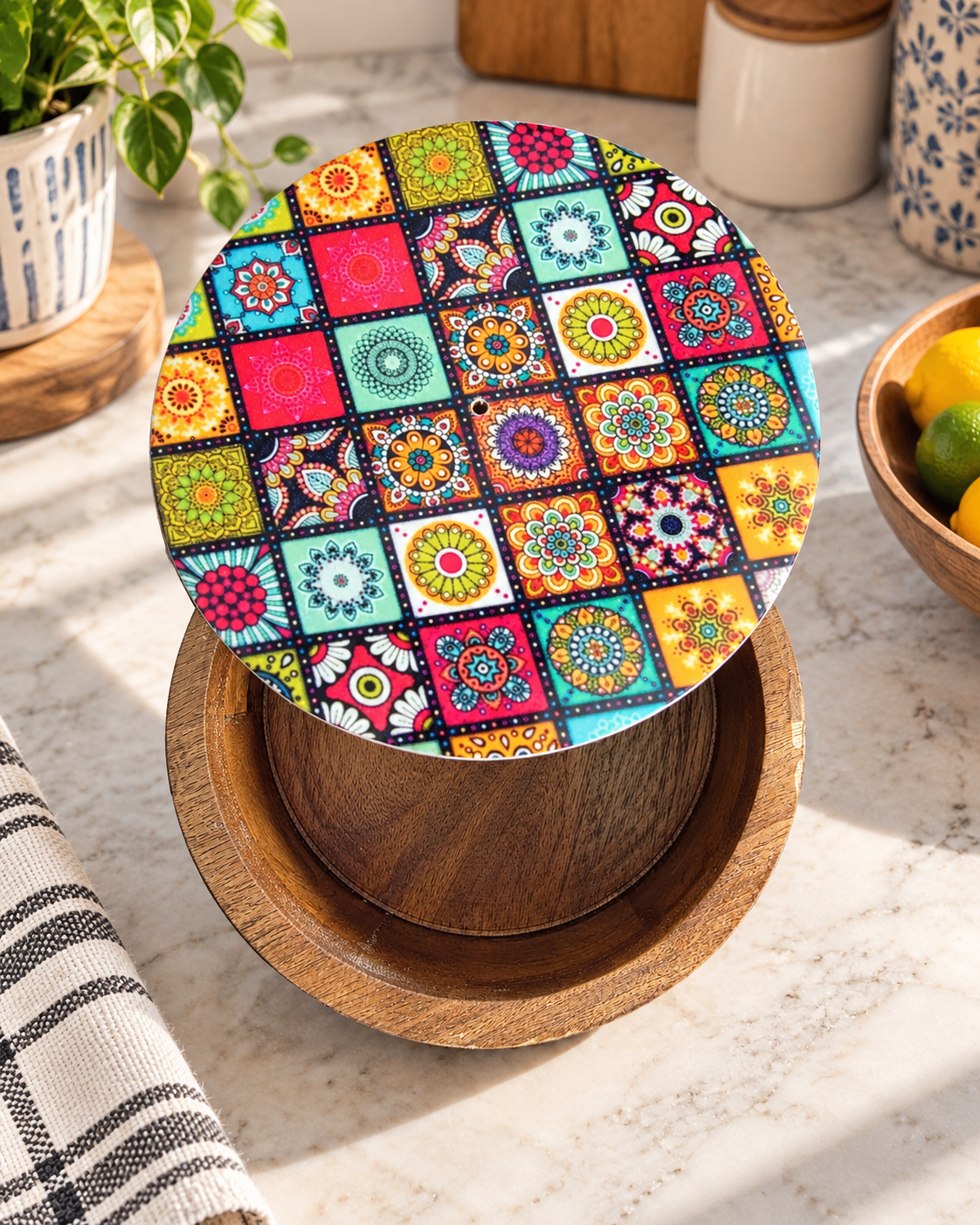 Wooden Chapati Box - Colorful Mandala