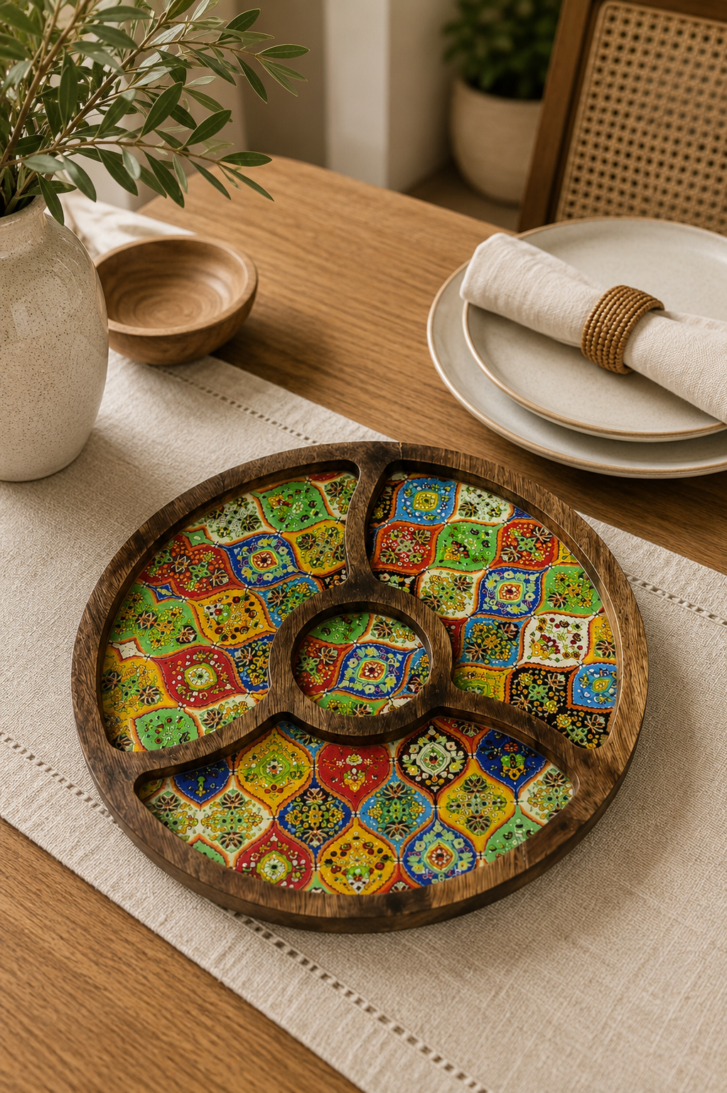 Round Platter Tray with Wooden Bowl
