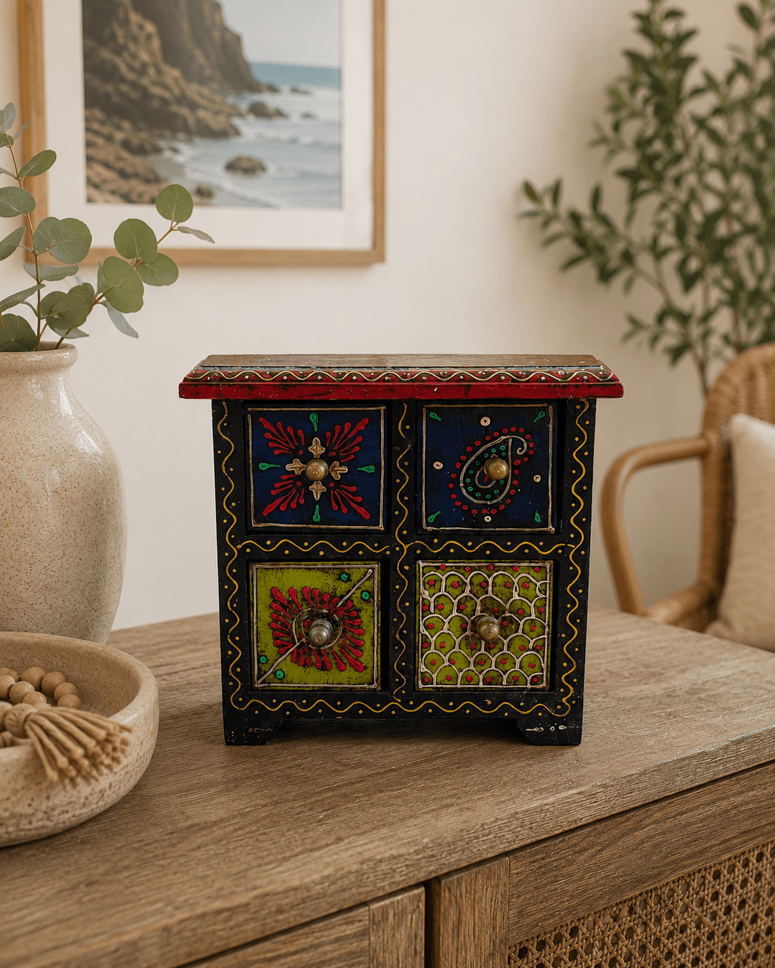 Wooden Storage Box – Four Drawer Folk Art Organizer