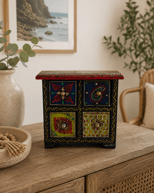 Wooden Storage Box – Four Drawer Folk Art Organizer