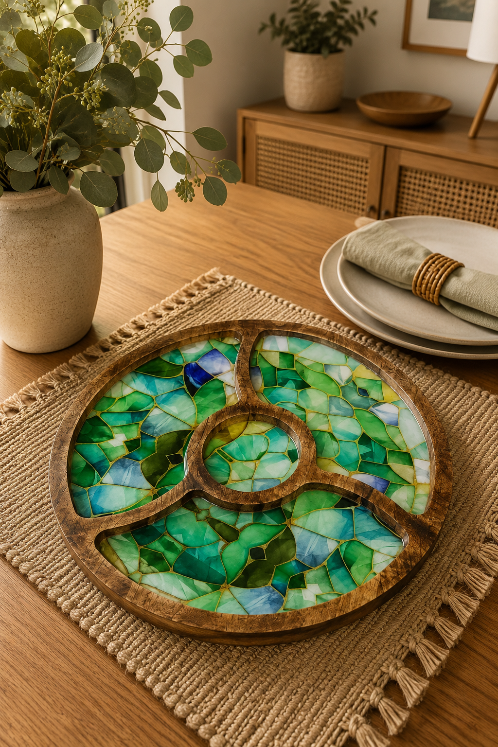 Round Platter Tray with Wooden Bowl