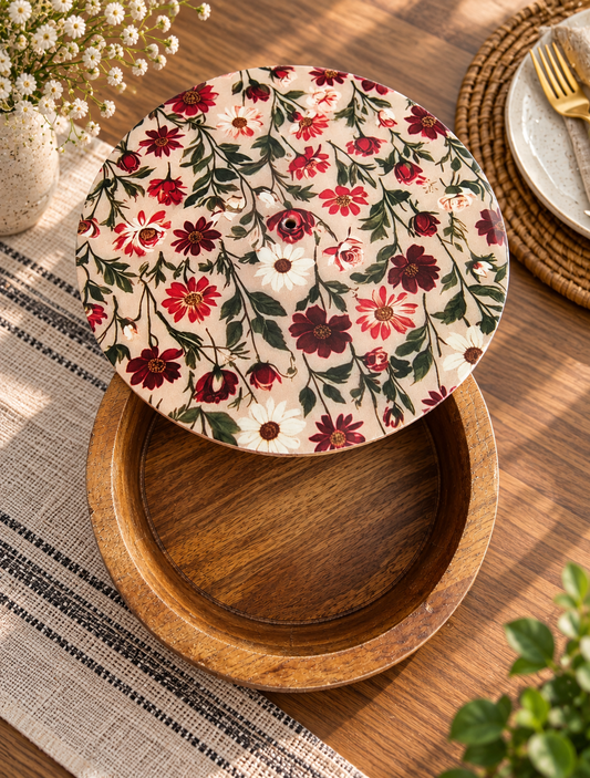 Wooden Chapati Box - Red Floral