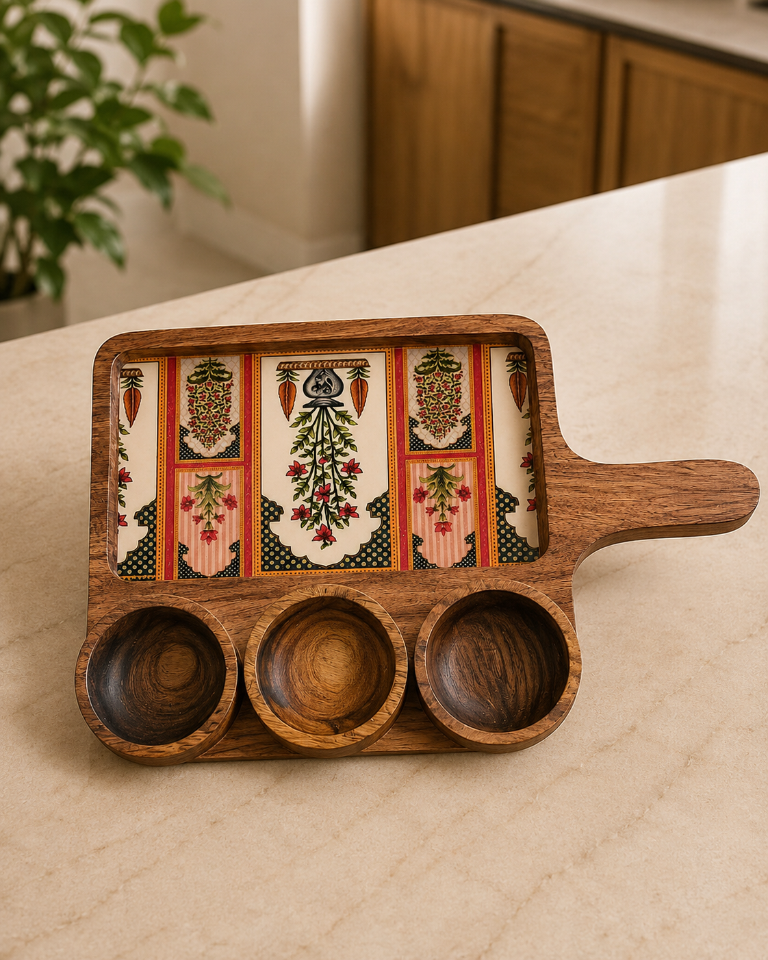 3 Bowl Wooden Dosa Platter