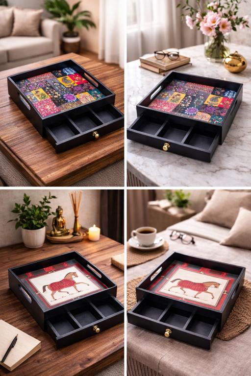 Wooden Serving Tray with Drawer