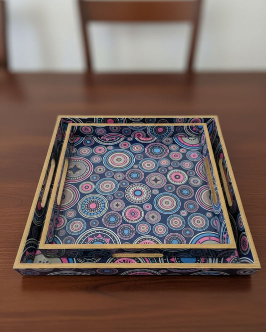 Wooden Tray Square Dark Blue Circle Pattern