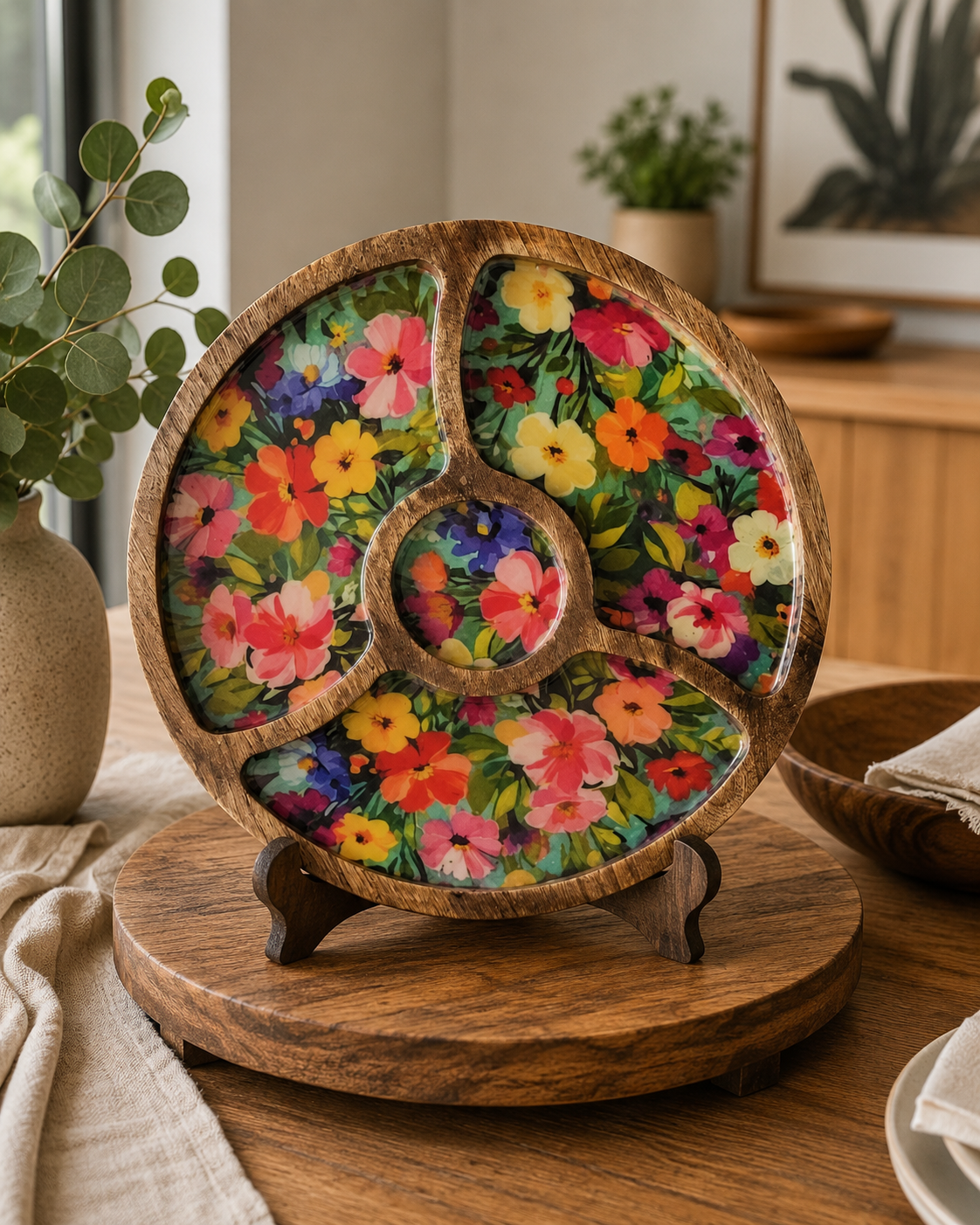 Round Platter Tray with Wooden Bowl
