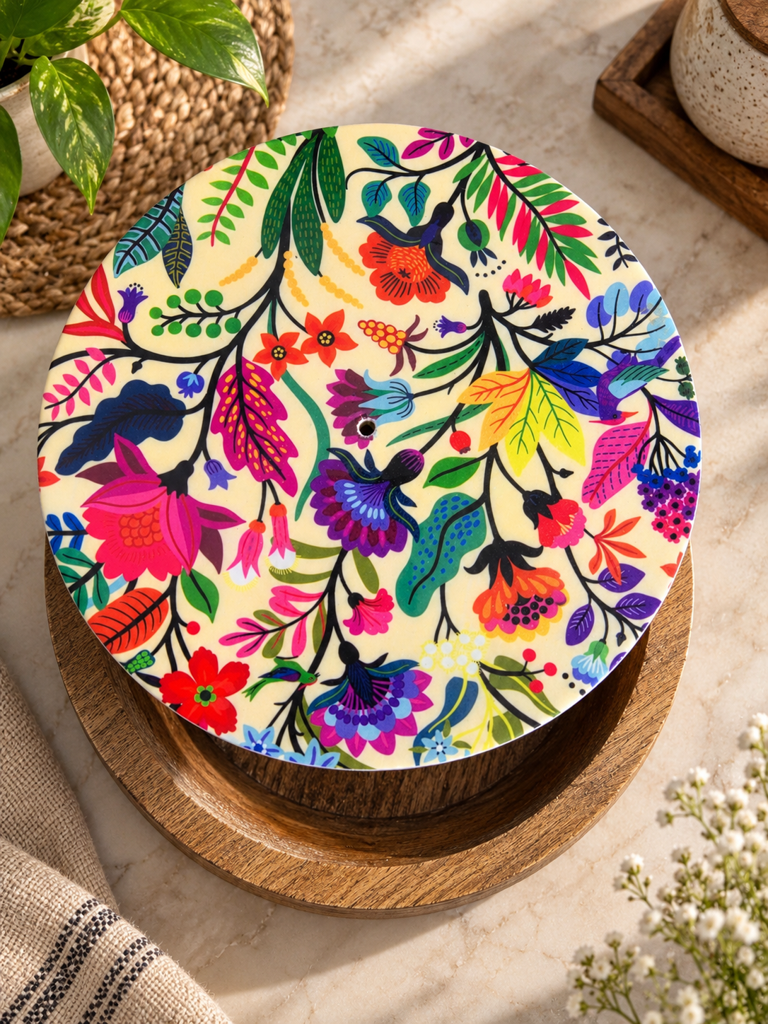 Wooden Chapati Box - Colorful Botanical
