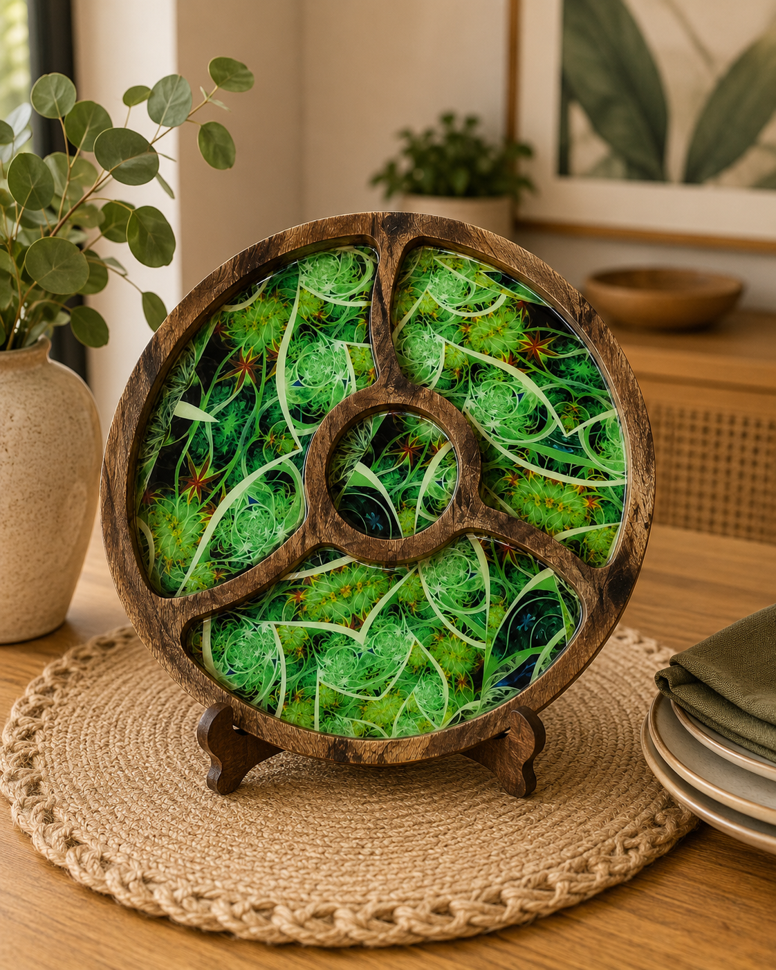 Round Platter Tray with Wooden Bowl
