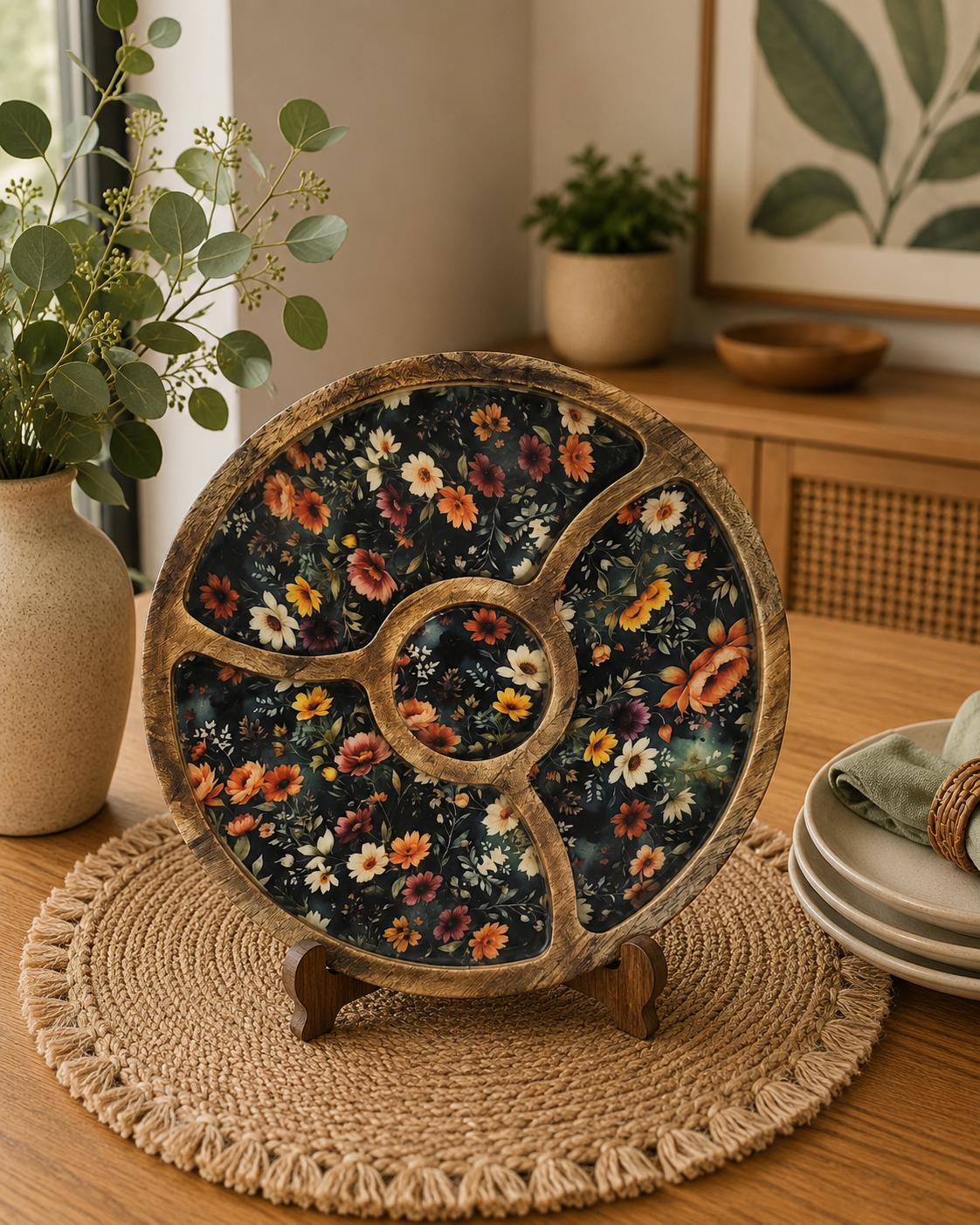 Round Platter Tray with Wooden Bowl