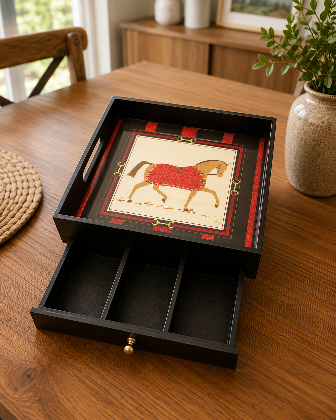 Wooden Serving Tray with Drawer