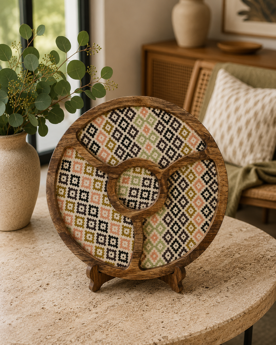 Round Platter Tray with Wooden Bowl