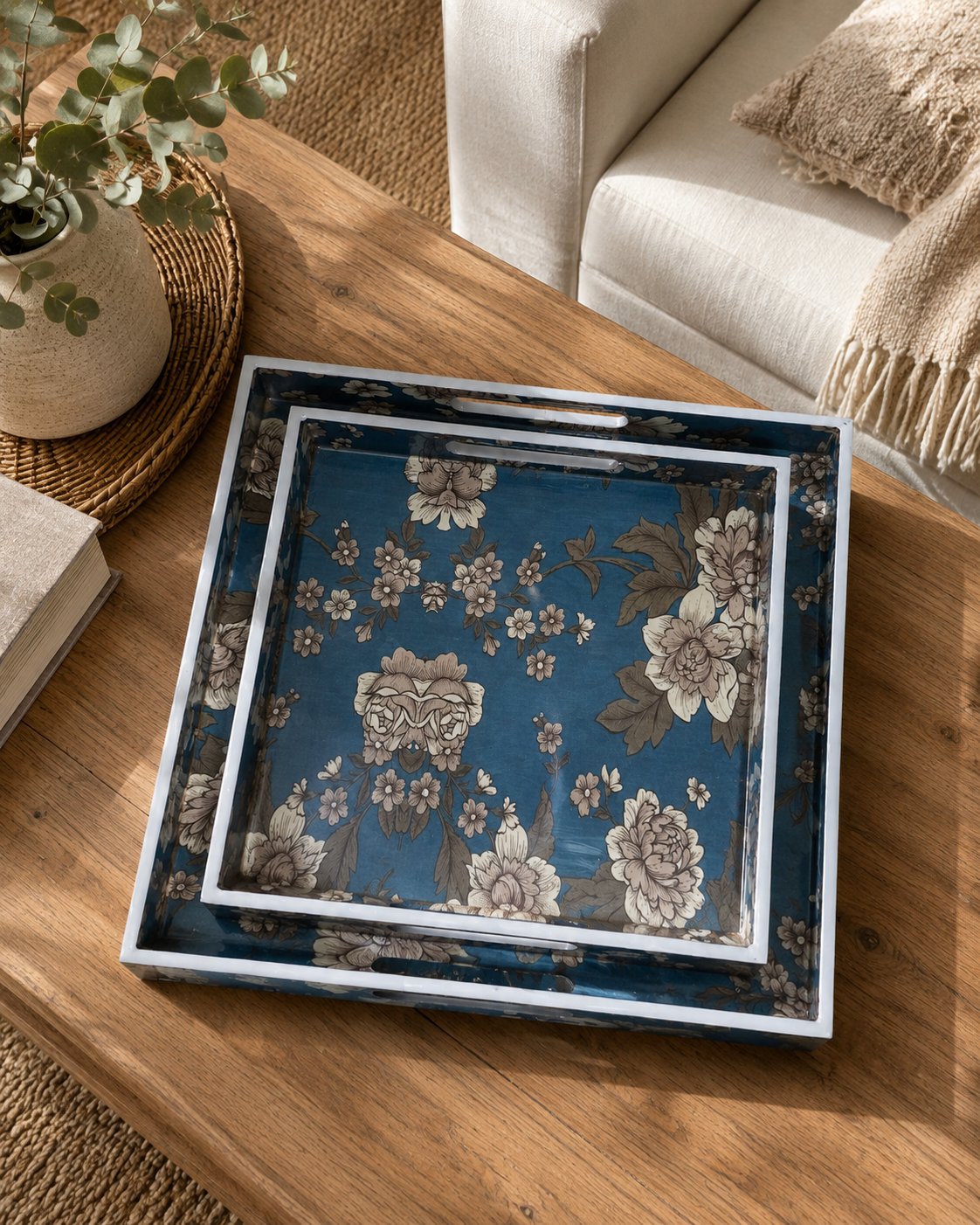 Wooden Serving Tray Dark Blue White Flower Pattern(2 Set)