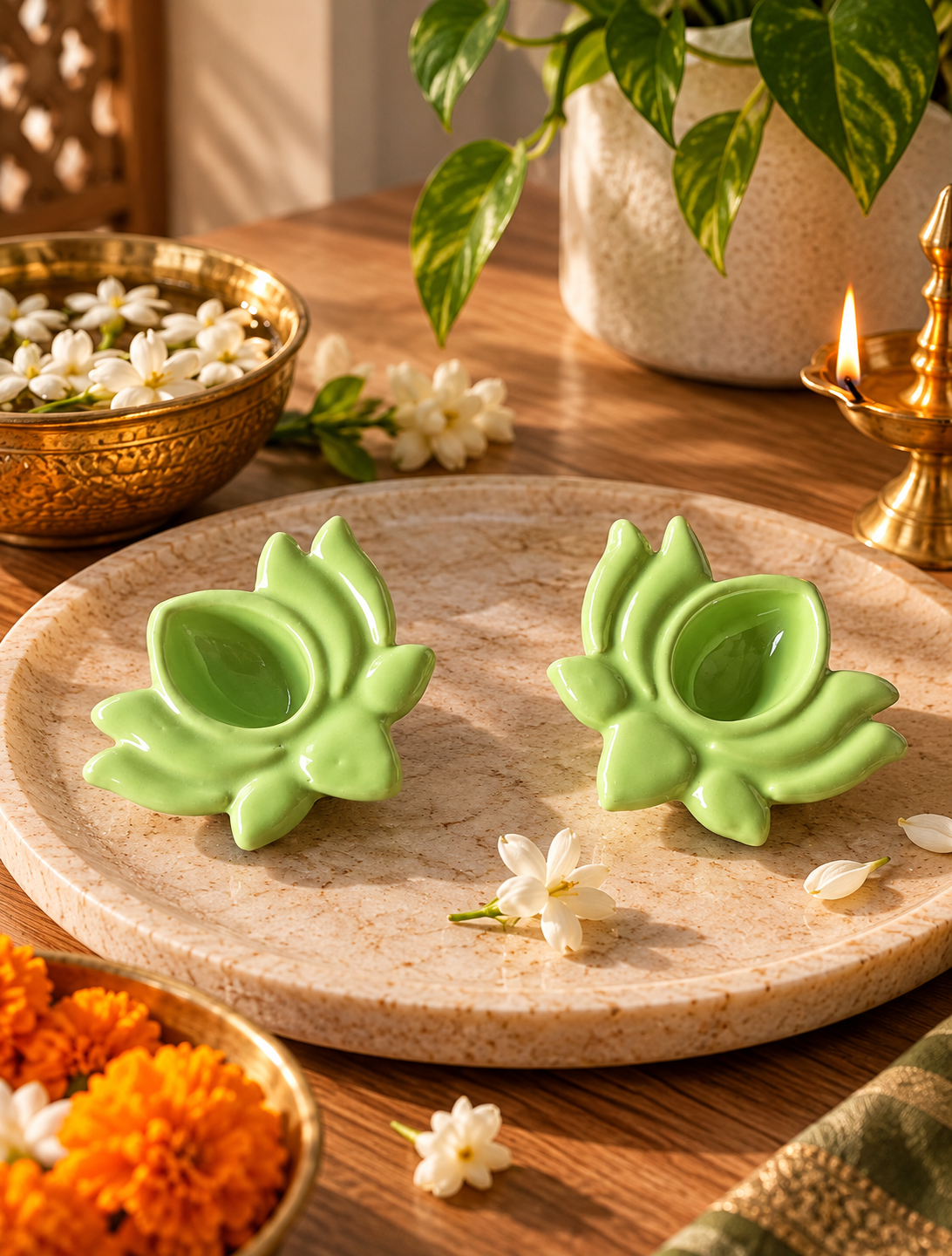 Ceramic Hand-Painted Diya - Green Lotus