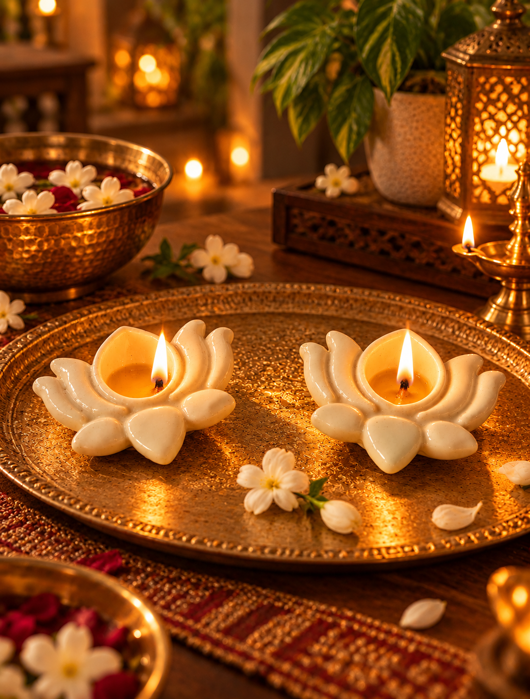 Ceramic Hand-Painted Diya - Grey Lotus