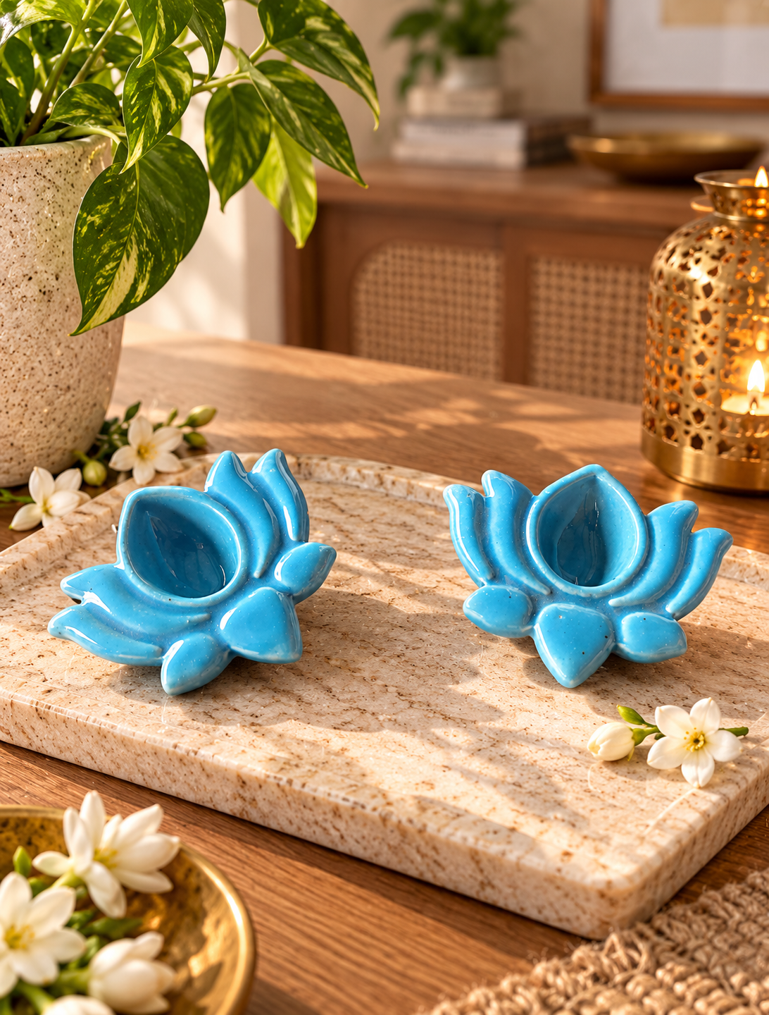 Ceramic Hand-Painted Diya - Sky Blue Lotus