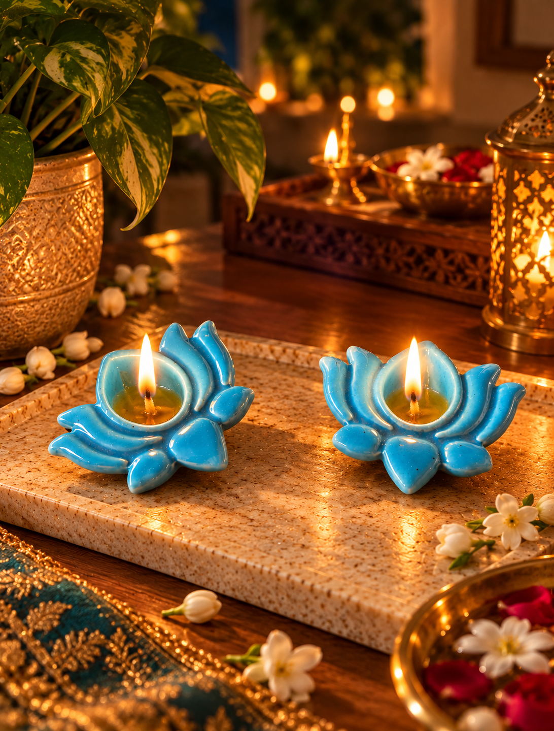 Ceramic Hand-Painted Diya - Sky Blue Lotus