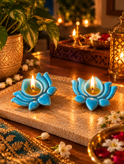 Ceramic Hand-Painted Diya - Sky Blue Lotus