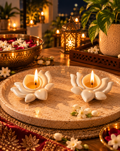 Ceramic Hand-Painted Diya - White Lotus