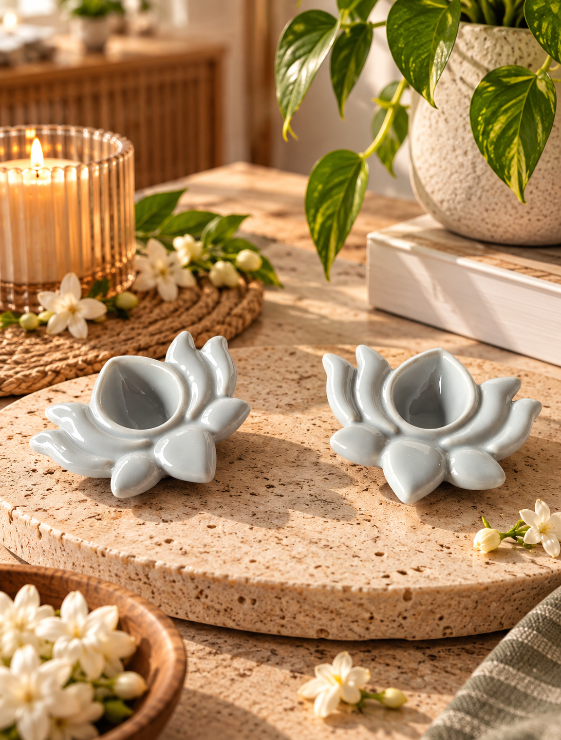 Ceramic Hand-Painted Diya - Grey Lotus