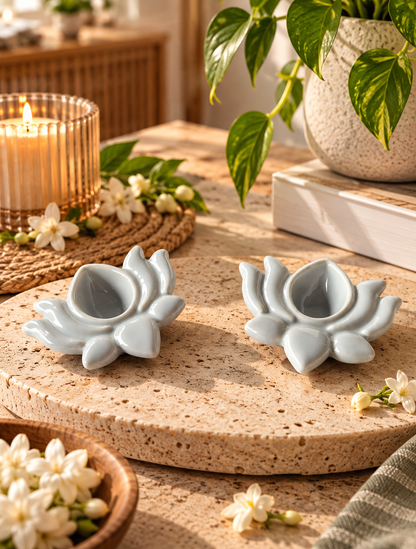Ceramic Hand-Painted Diya - Grey Lotus