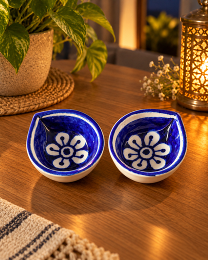 Ceramic Hand-Painted Diya - Royal Blue Floral