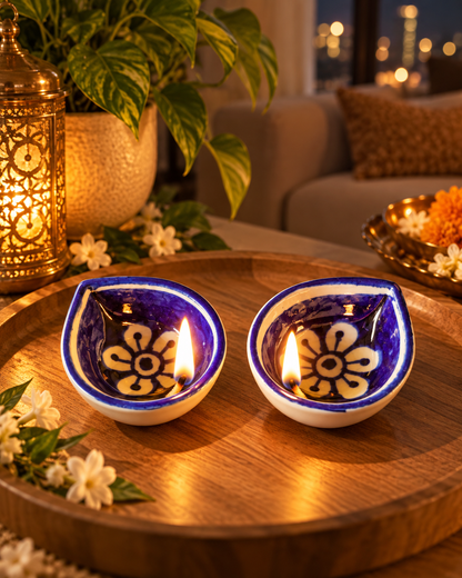 Ceramic Hand-Painted Diya - Royal Blue Floral