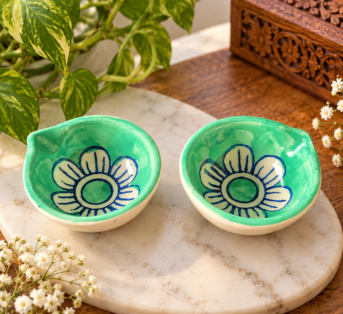 Ceramic Hand-Painted Diya - Mint Green Floral