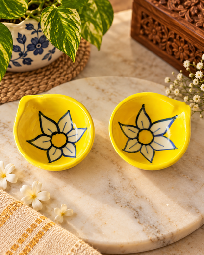 Ceramic Hand-Painted Diya - Yellow Floral