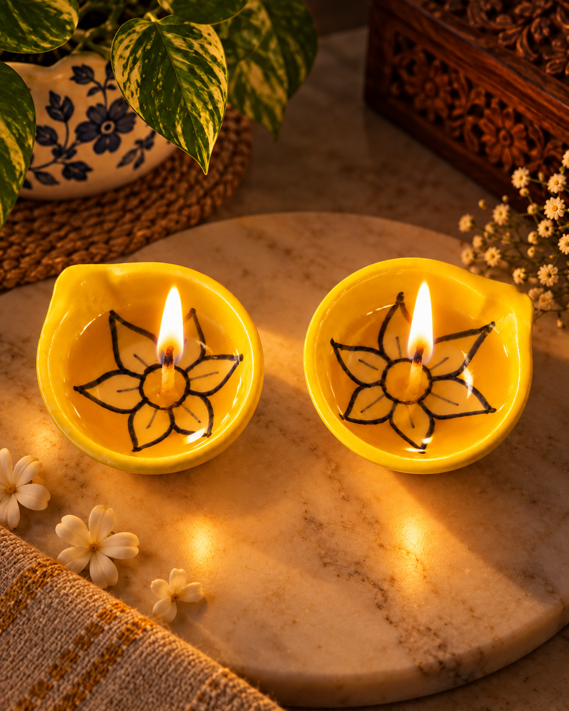 Ceramic Hand-Painted Diya - Yellow Floral