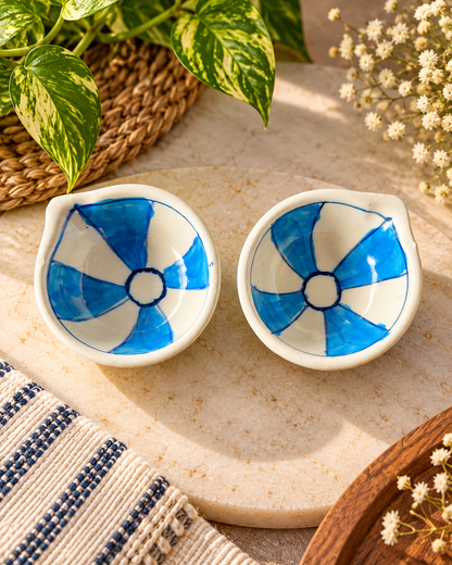 Ceramic Hand-Painted Diya - Blue & White Geometric